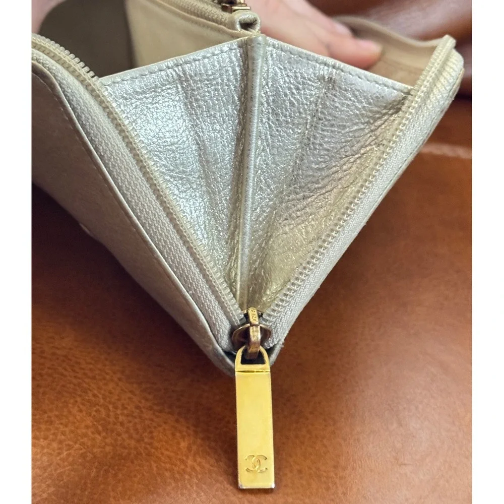 Chanel Timeless CC Zip Around Long Wallet Metallic Champagne Gold Leather Italy